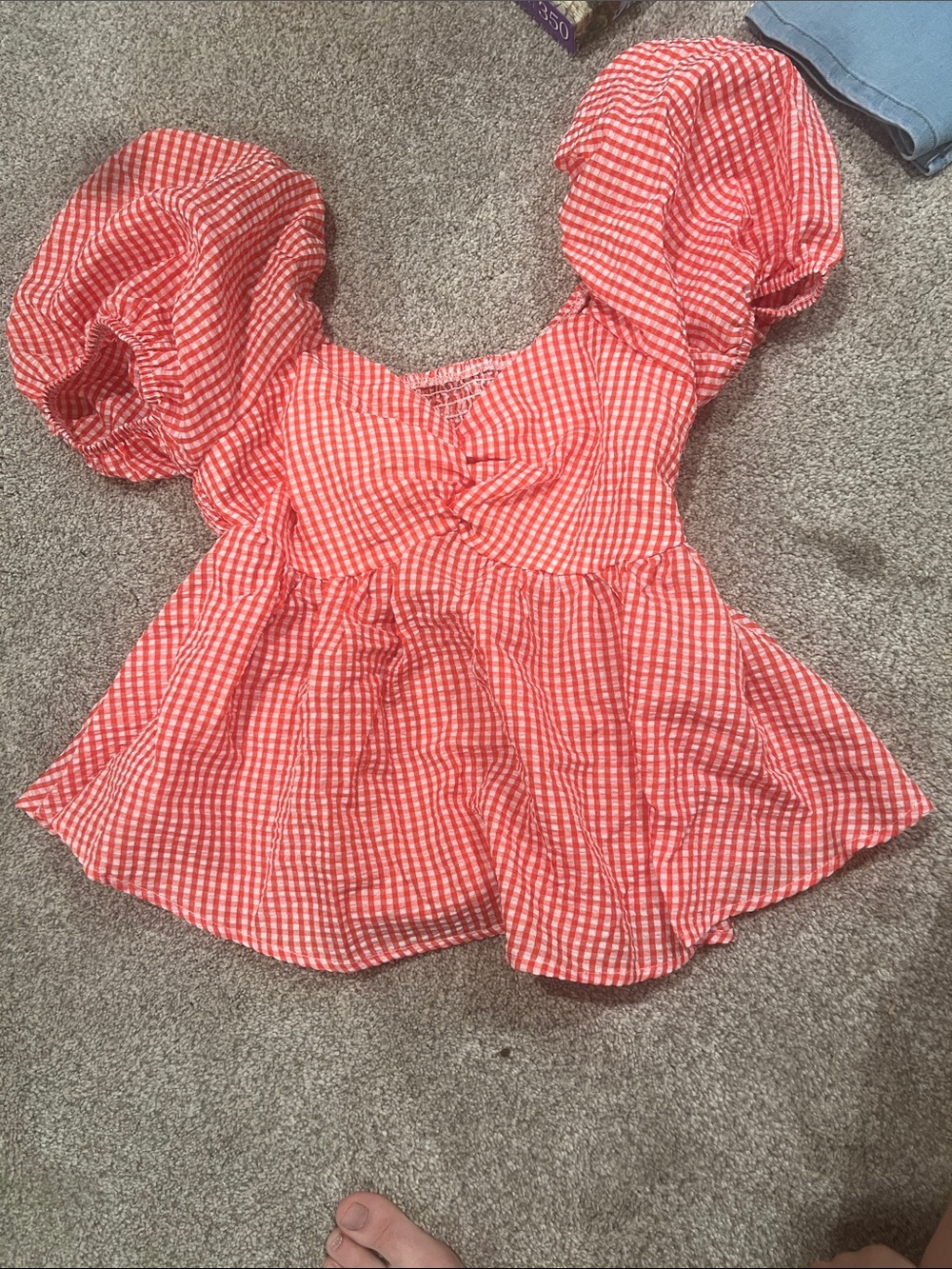 Free People Coral Gingham Puff-Sleeve Crop Top